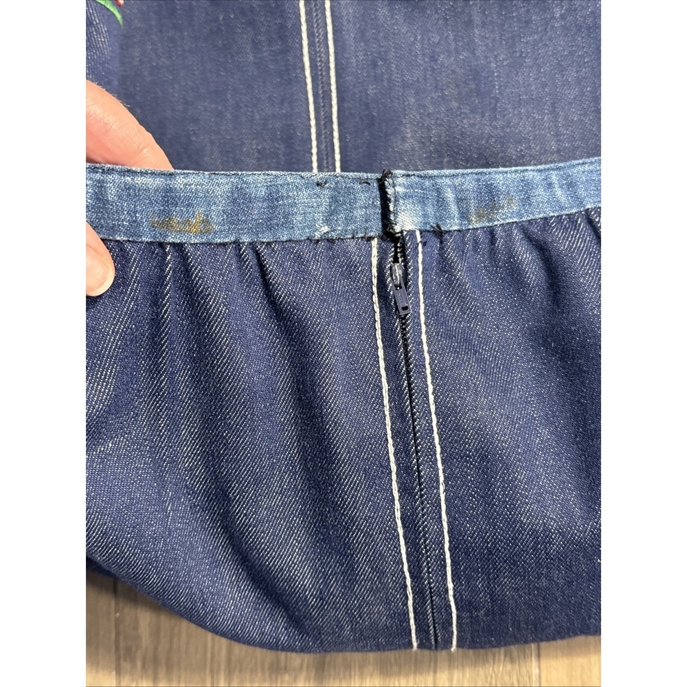 Vintage 70s Handmade Midi Denim Skirt Embroidered Flowers Hippie 27" Waist XS/S - Picture 11 of 16
